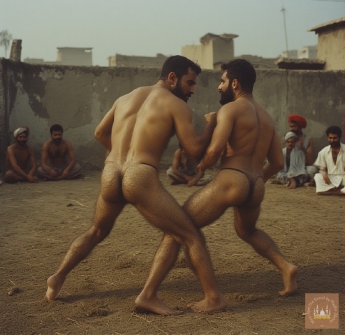 AI P****o Series 023 - Naked Indian Wrestlers practice in her Village. Part1